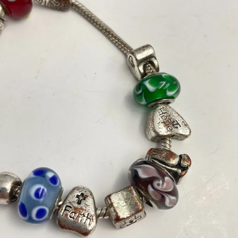 Vintage Y2K Silver Charm Bracelet Beaded Faith Hope Love Religious Jewelry Retro
